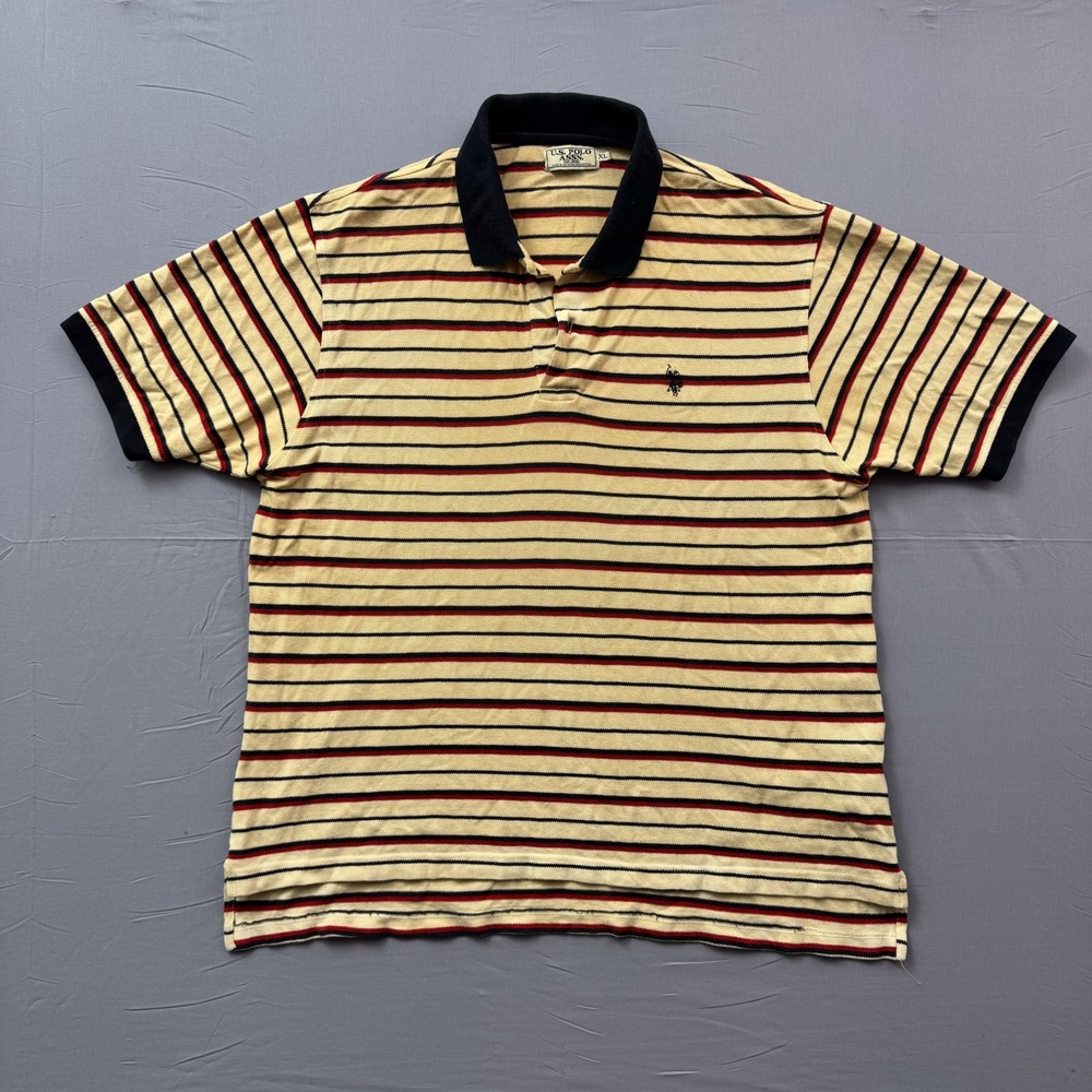 Vtg US Polo Assn Mens XL Polo Shirt Cream Navy Red Striped Short Sleeve Cotton